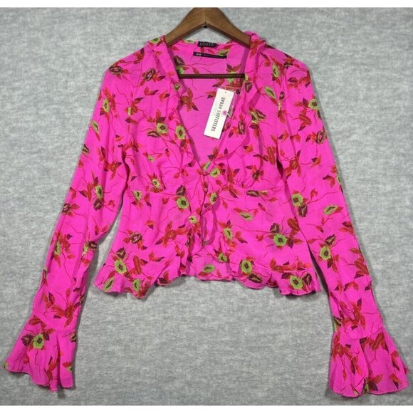 Ecote‎ Urban Outfitters Women’s Terri Blouse Sz M Pink Floral Semi Sheer Ruffle - Picture 1 of 7